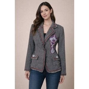 Spy Zone Exchange Women's Jacket Sz M Brown Charcoal Tweed Rhinestone Distressed